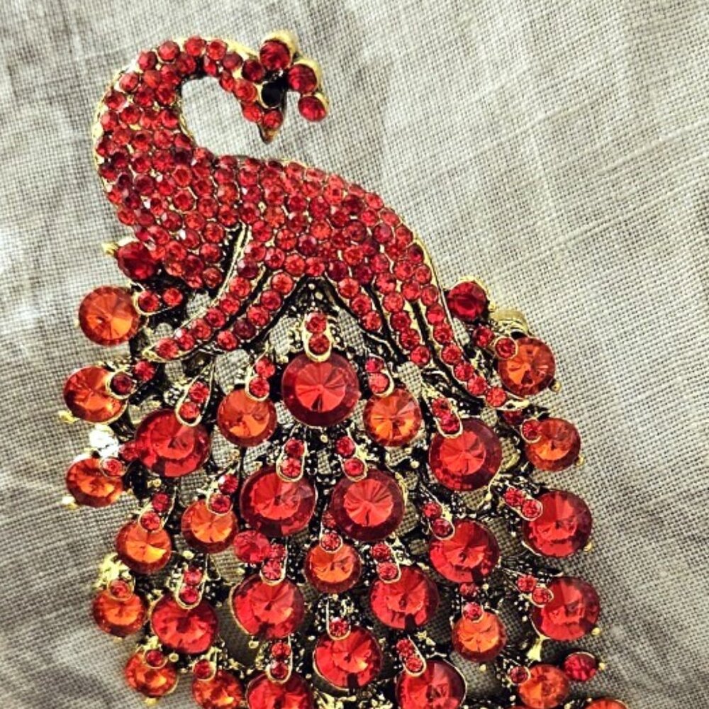 Oversized Red Rhinestone Peacock Brooch/Pin - Picture 2 of 4